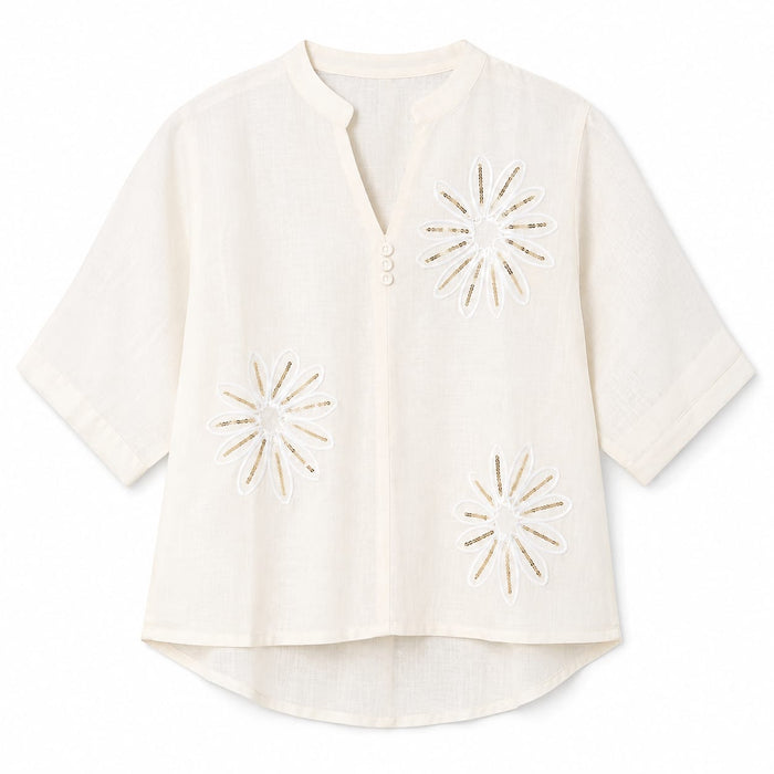 Women’s Cream Floral Embroidered Mandarin Collar Top product image from ANS Billion