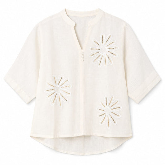 Women’s Cream Floral Embroidered Mandarin Collar Top product image from ANS Billion