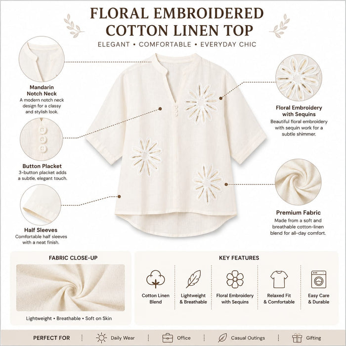 Women’s Cream Floral Embroidered Mandarin Collar Top