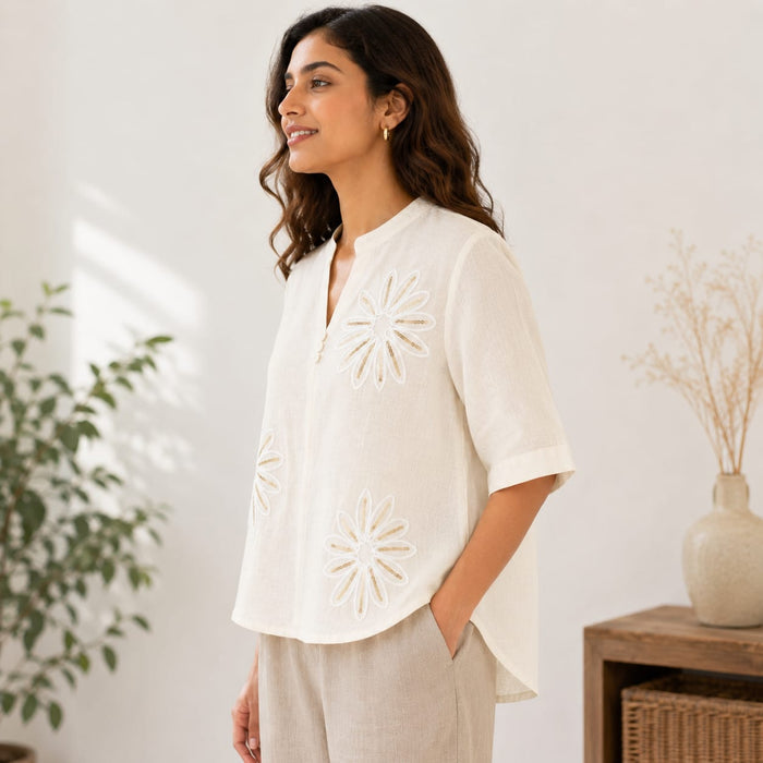 Women’s Cream Floral Embroidered Mandarin Collar Top