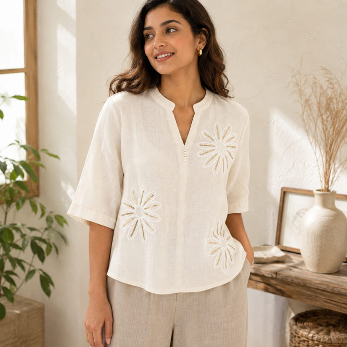 Women’s Cream Floral Embroidered Mandarin Collar Top