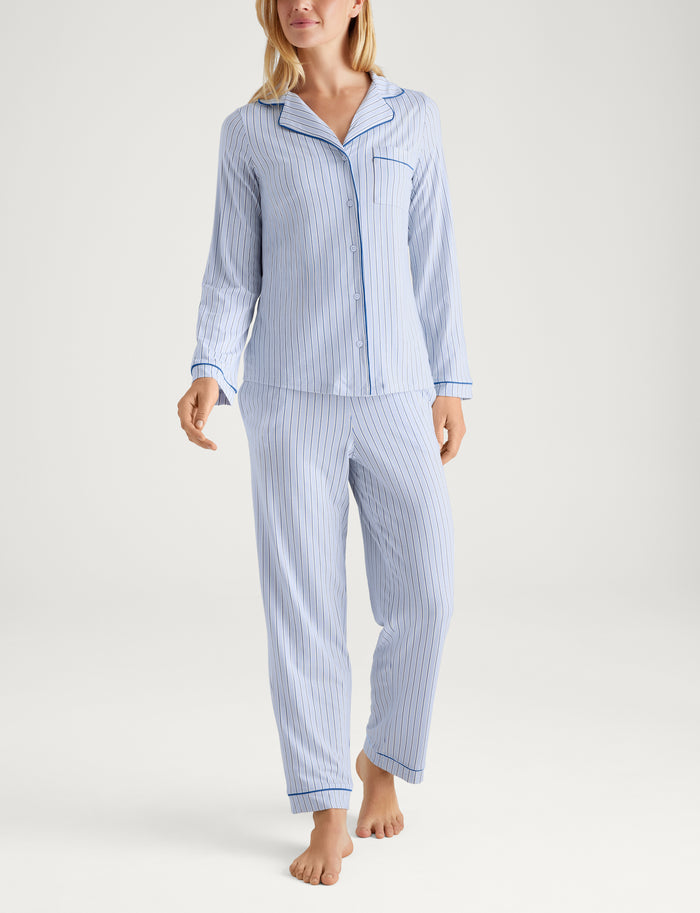 Women's Downtime Long Sleeve Pajama Top & Pant Set::Halogen Blue Vertical Stripe