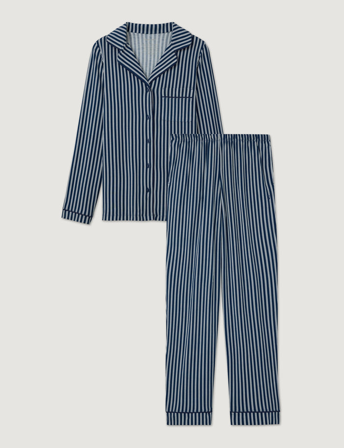 Women's Downtime Long Sleeve Pajama Top & Pant Set::Dress Blues Pinstripe::Swatch
