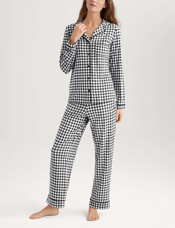 Women's Downtime Long Sleeve Pajama Top & Pant Set::Black Gingham