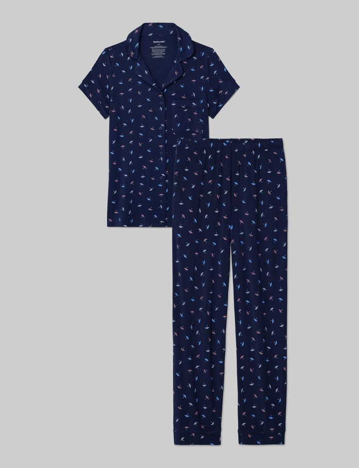 Women's Downtime Pajama Top & Pant Set::Dress Blues Floating Umbrellas