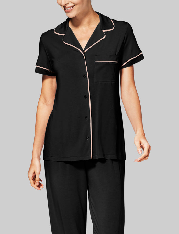 Women's Pajama Short Sleeve Top::Black/Soft Pink
