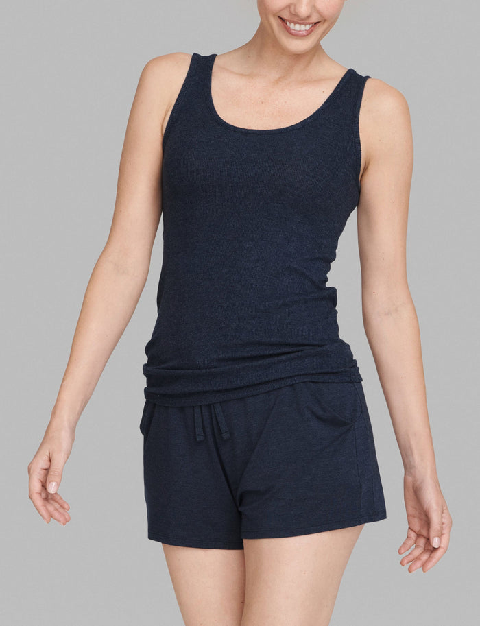 Women's Lounge Tank::Dress Blues Heather::BR::Model is wearing Scoop Neck