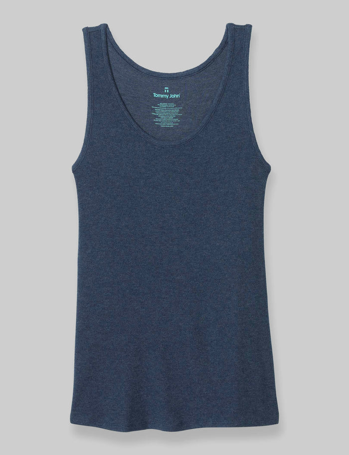 Women's Lounge Tank::Dress Blues Heather::BR::Model is wearing Scoop Neck::Swatch