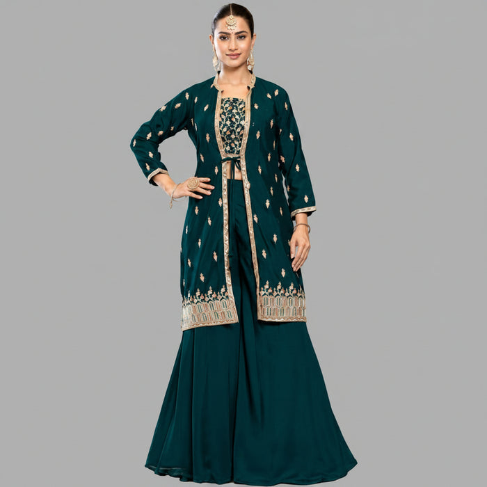 Women's Embroidered 3-Piece Ethnic Co-Ord Set with Jacket, Crop Top &amp; Palazzo - ANS Billons