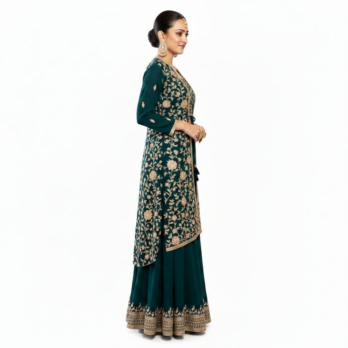Women's Embroidered 3-Piece Ethnic Co-Ord Set with Jacket, Crop Top &amp; Palazzo - ANS Billons