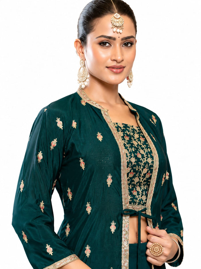 Women's Embroidered 3-Piece Ethnic Co-Ord Set with Jacket, Crop Top &amp; Palazzo - ANS Billons