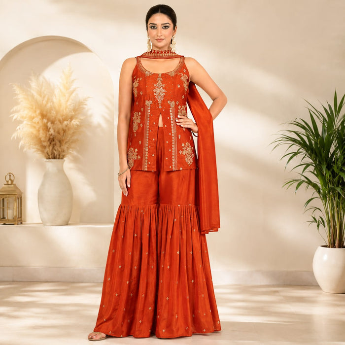 Women's Embroidered Slub Satin Kurta Sharara Set with Dupatta