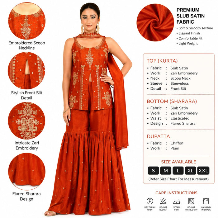 Women's Embroidered Slub Satin Kurta Sharara Set with Dupatta
