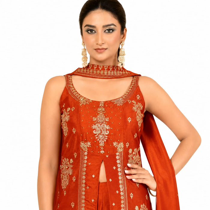 Women's Embroidered Slub Satin Kurta Sharara Set with Dupatta