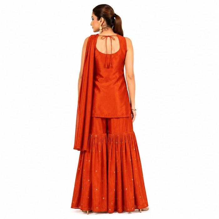 Women's Embroidered Slub Satin Kurta Sharara Set with Dupatta