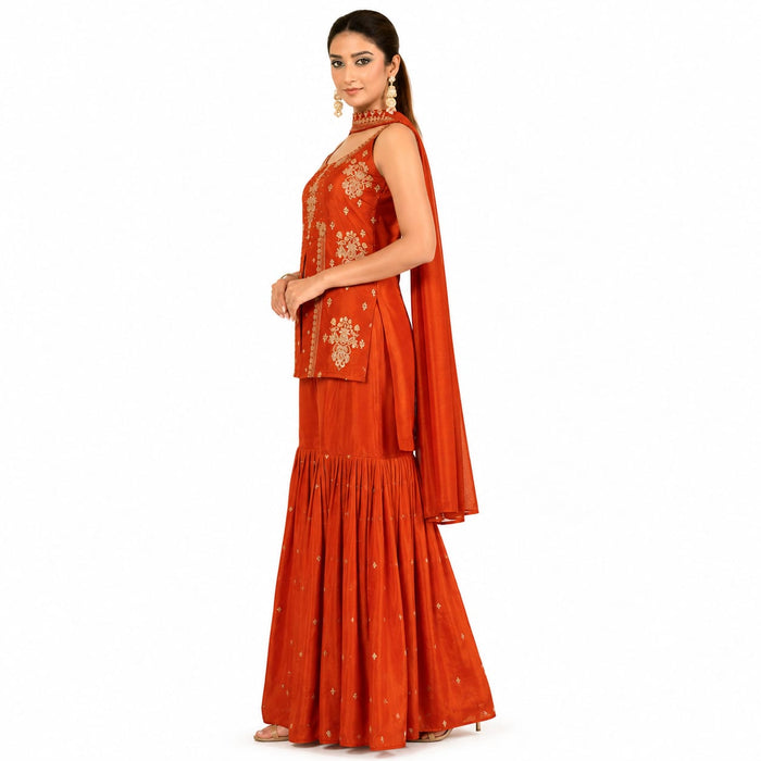 Women's Embroidered Slub Satin Kurta Sharara Set with Dupatta