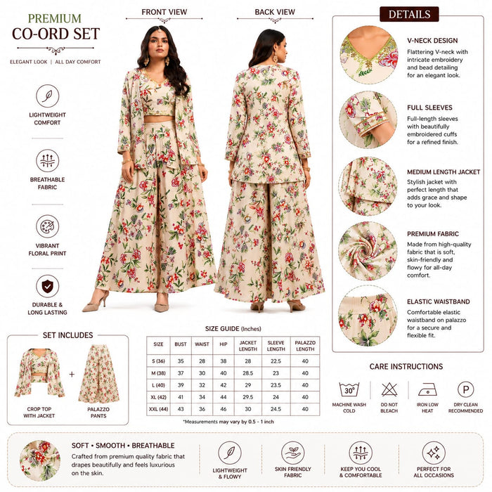 Premium Women's Floral Printed Co-Ord Set with Jacket &amp; Palazzo Pants - ANS Billion