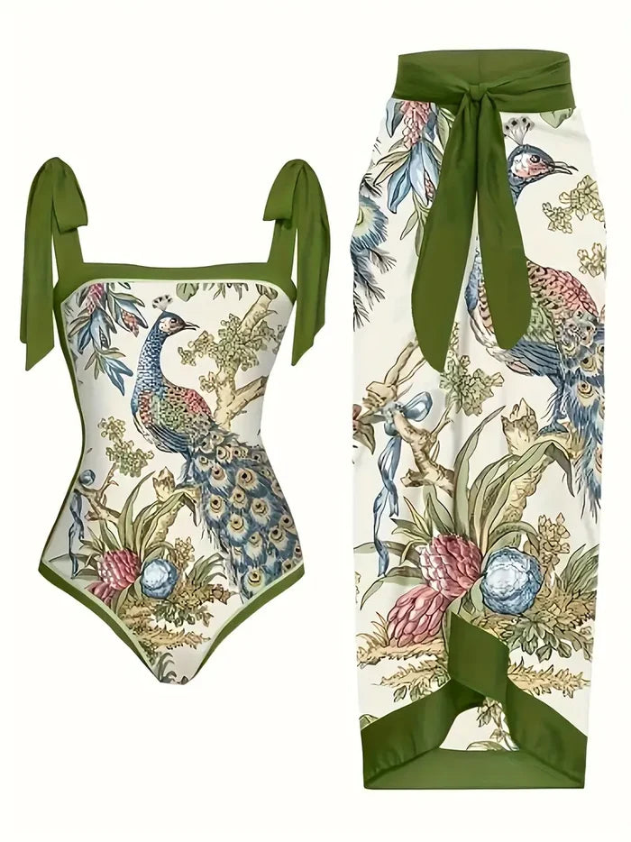 Women's Floral Print One Piece Control Swimsuit Monokini with Cover Up Beach Skirts Swimwear