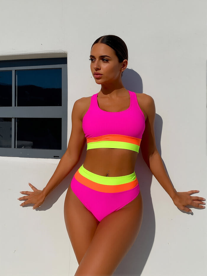 Women's High Waisted Bikini Ribbed Two Piece Swimsuit High Cut Color Block Adjustable Straps Bathing Suit