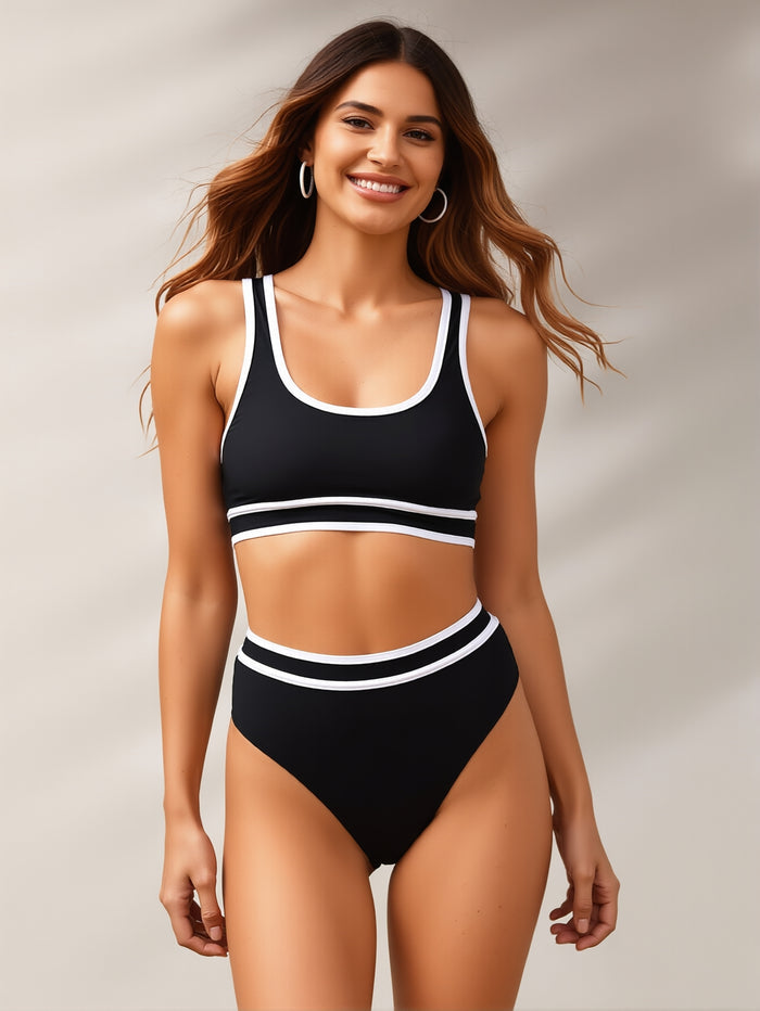 Women's High Waisted Bikini Sets Sporty Two Piece Swimsuits Color Block Cheeky High Cut Bathing Suits