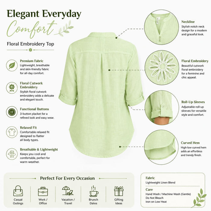 Women’s Light Green Floral Embroidered V-Neck Top