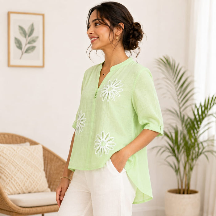 Women’s Light Green Floral Embroidered V-Neck Top