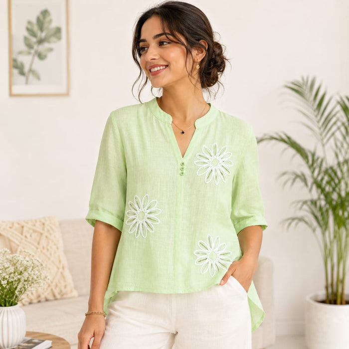 Women’s Light Green Floral Embroidered V-Neck Top