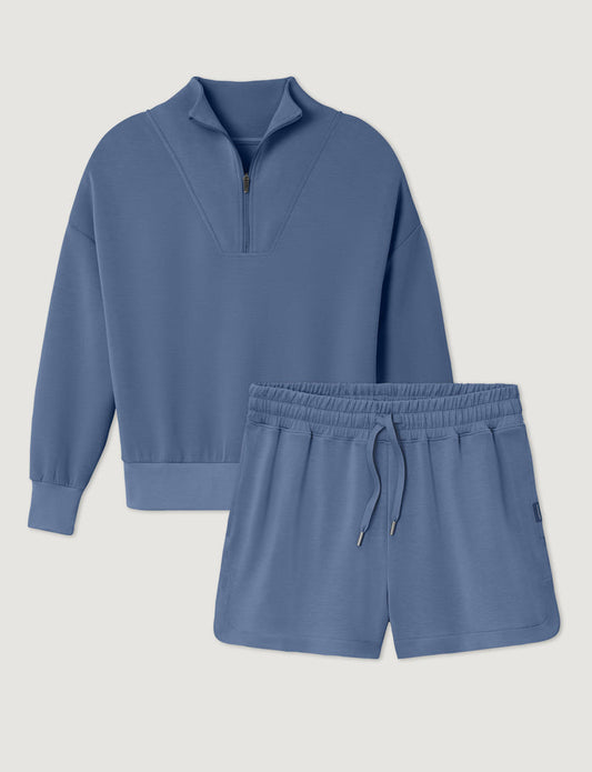 Women's Luxe Traveler Knit Quarter Zip & Mid-Rise Short Set::Vintage Indigo