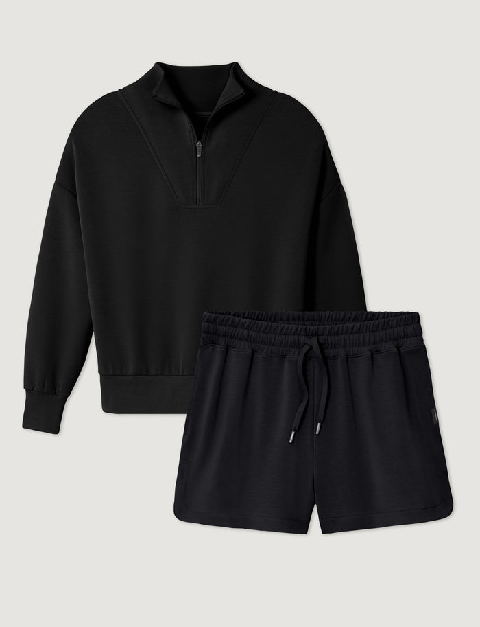 Women's Luxe Traveler Knit Quarter Zip & Mid-Rise Short Set::Black