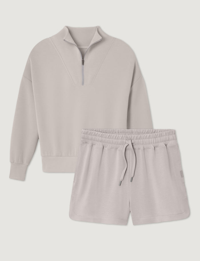 Women's Luxe Traveler Knit Quarter Zip & Mid-Rise Short Set::Ashes of Roses