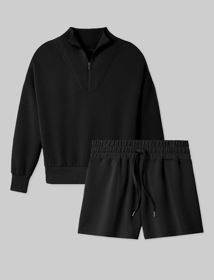 OLD::Women's Luxe Traveler Knit Quarter Zip & Short Set::Black