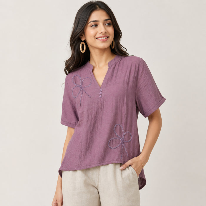 Women’s Mauve Purple Embroidered High-Low Top