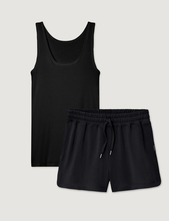 Women's Micro Rib Tank & Luxe Traveler Knit Short Set::Black Micro/Black