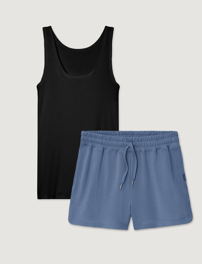 Women's Micro Rib Tank & Luxe Traveler Knit Short Set::Black Micro/Vintage Indigo