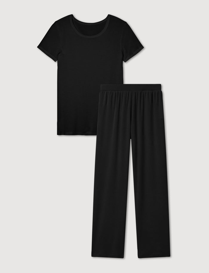Women's Micro Rib Tee & Pant Set::Black Rib