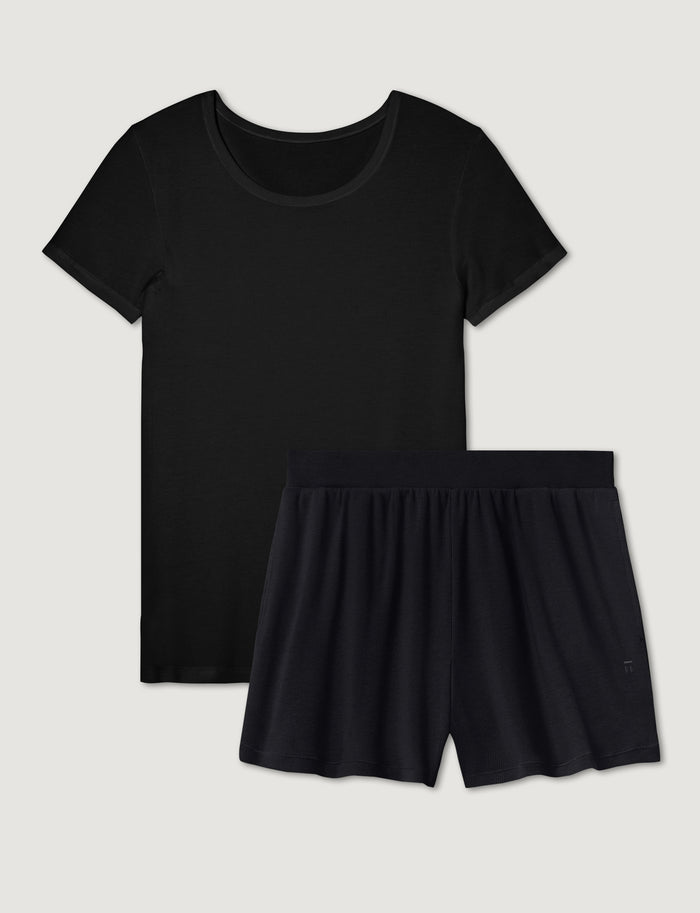 Women's Micro Rib Tee & Short Set::Black Rib