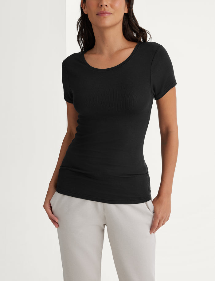 Women's Micro Rib Tee & Short Set::Black Rib
