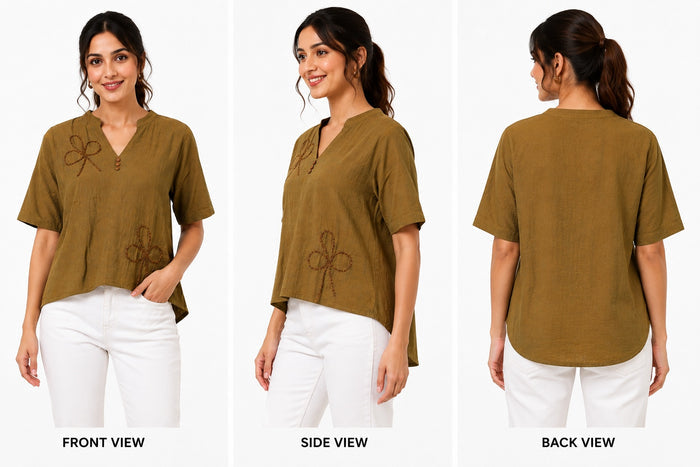 Women’s Olive Brown Embroidered High-Low Top