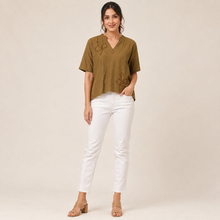 Women’s Olive Brown Embroidered High-Low Top