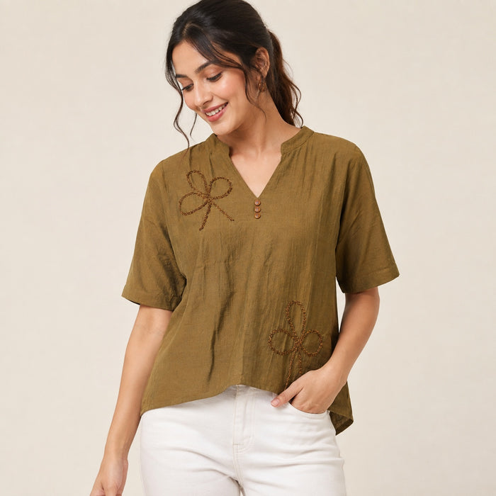 Women’s Olive Brown Embroidered High-Low Top
