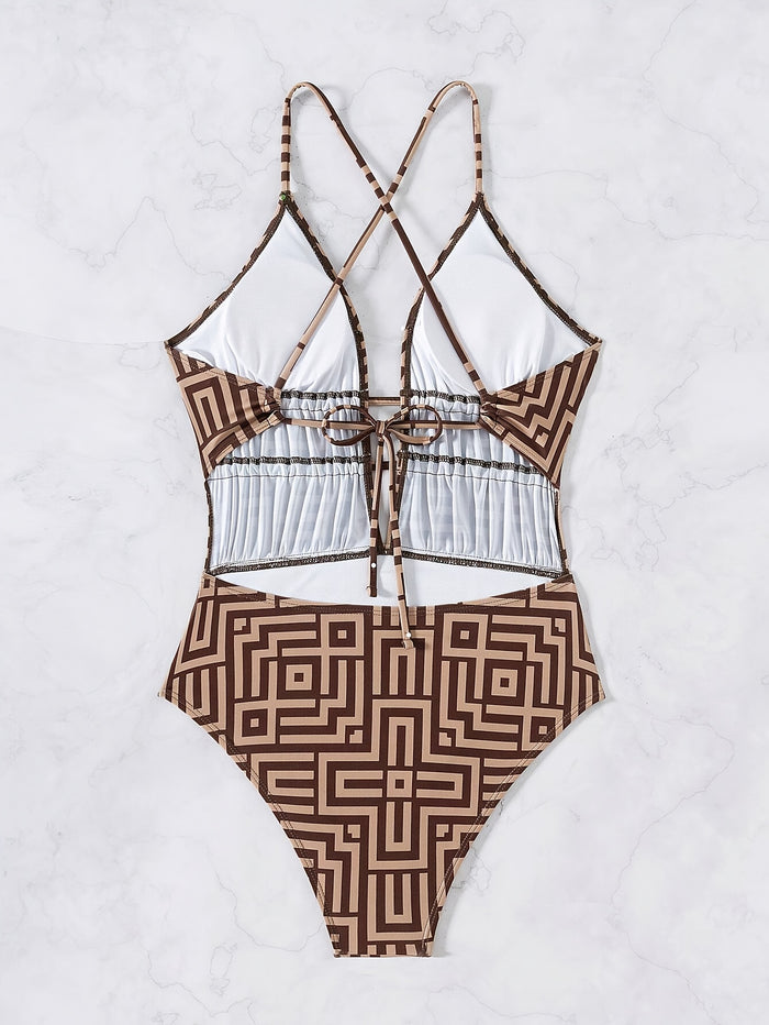 Women's One Piece Swimsuit Deep V Neck Keyhole Cutout O Ring Textured Bathing Suit