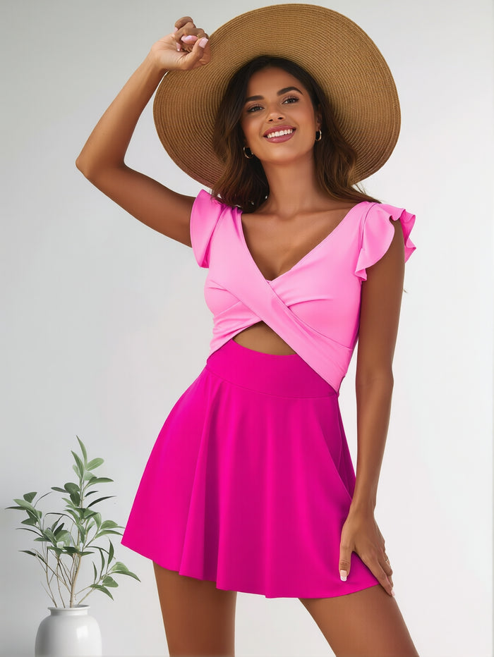 Women's One Piece Swimsuit Ruffle Cutout Swimdress Tummy Control V Neck Wrap Swimwear