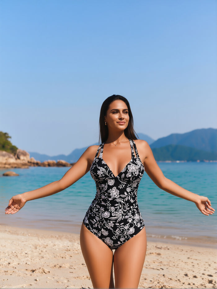 Women's One Piece Swimsuit Tummy Control Deep V Neck Double Straps Crisscross Back Tie Bathing Suit