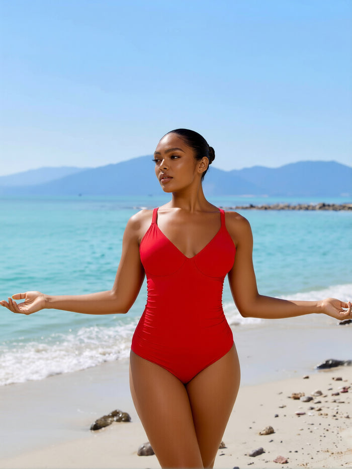 Women's One Piece Swimsuit V Neck Bathing Suit Cutout Back Self Tie Double Straps