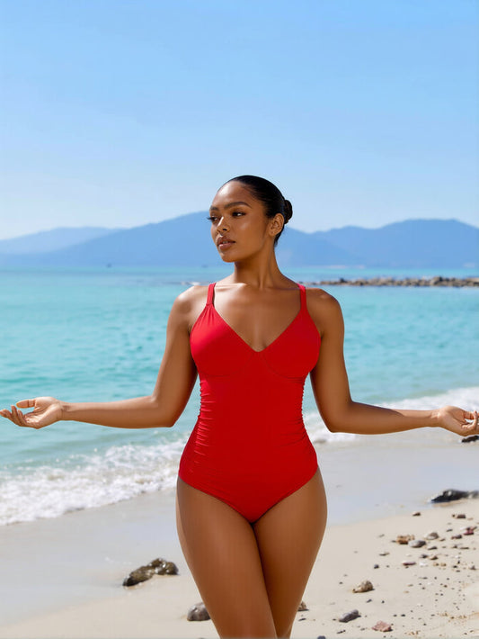 Women's One Piece Swimsuit V Neck Bathing Suit Cutout Back Self Tie Double Straps