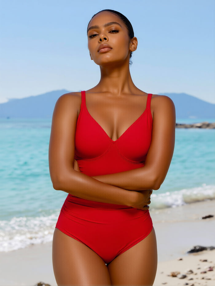 Women's One Piece Swimsuit V Neck Bathing Suit Cutout Back Self Tie Double Straps
