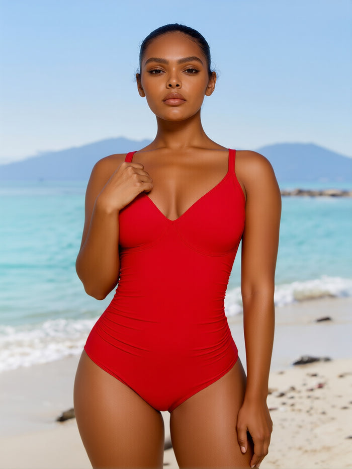 Women's One Piece Swimsuit V Neck Bathing Suit Cutout Back Self Tie Double Straps
