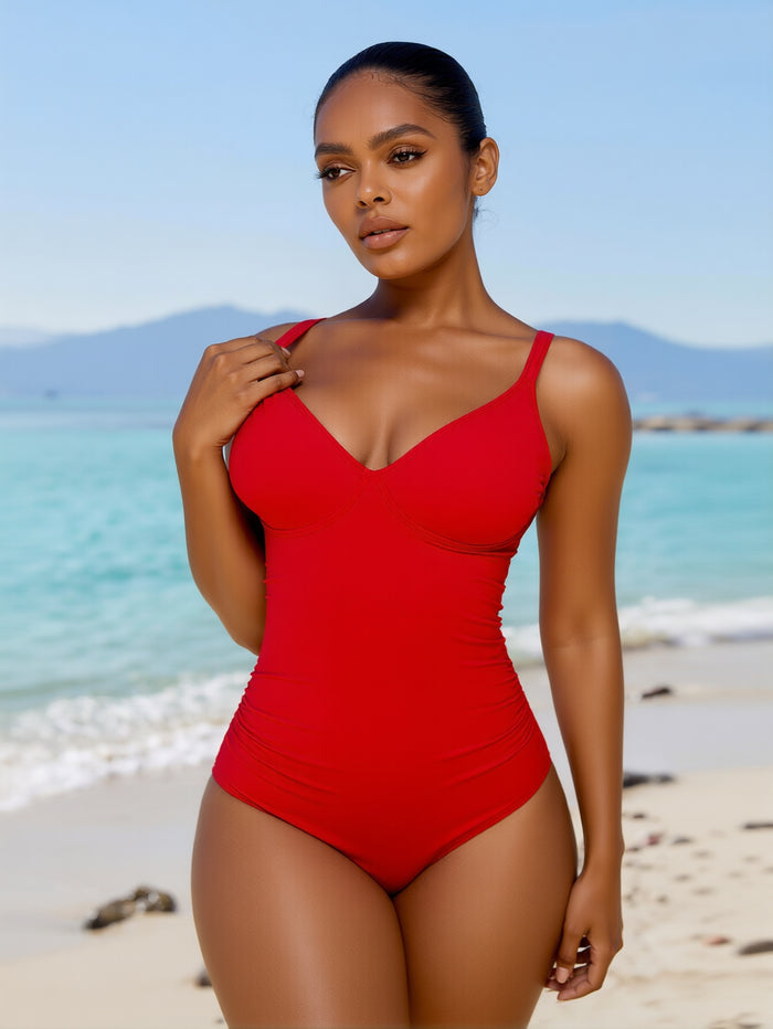 Women's One Piece Swimsuit V Neck Bathing Suit Cutout Back Self Tie Double Straps
