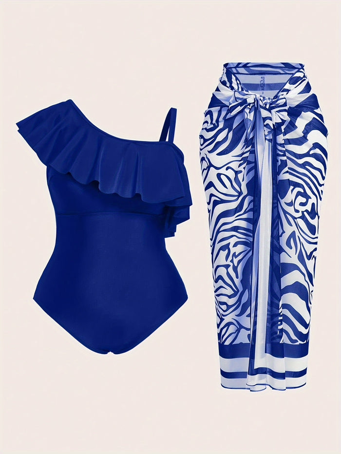 Women's One Piece Swimsuit with Long Sheer Cover Up Skirt