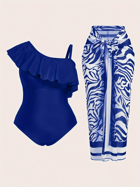 Women's One Piece Swimsuit with Long Sheer Cover Up Skirt